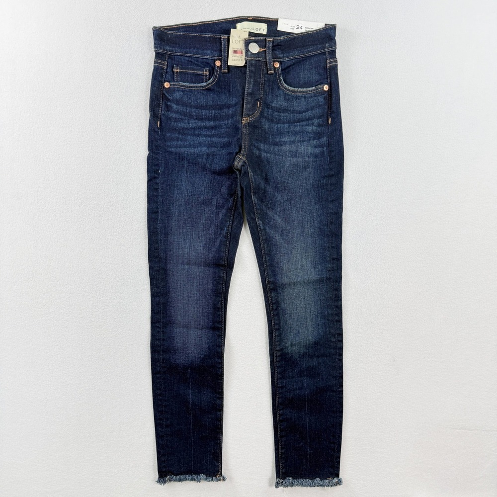 Ann Taylor Loft Modern Skinny‎ Dark Denim Jeans Size 24 Blue Frayed Hem NEW
